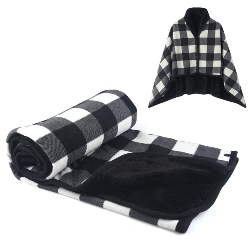 forestfish Fleece Wearable Blanket, Plaid Lap Blanket Comfy Poncho Throw with Buttons for Bed Sofa Office, Black-White - Image 1